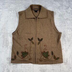 Woolrich Sweater Vest Womens Large Brown Vintage Lambswool Embroidered Leaf Fall